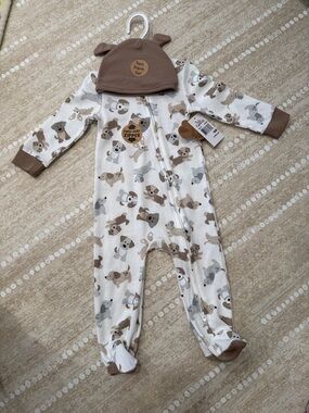 Baby One-Piece Footed Zipper Sleepwear with Dog Print - Brown/White
